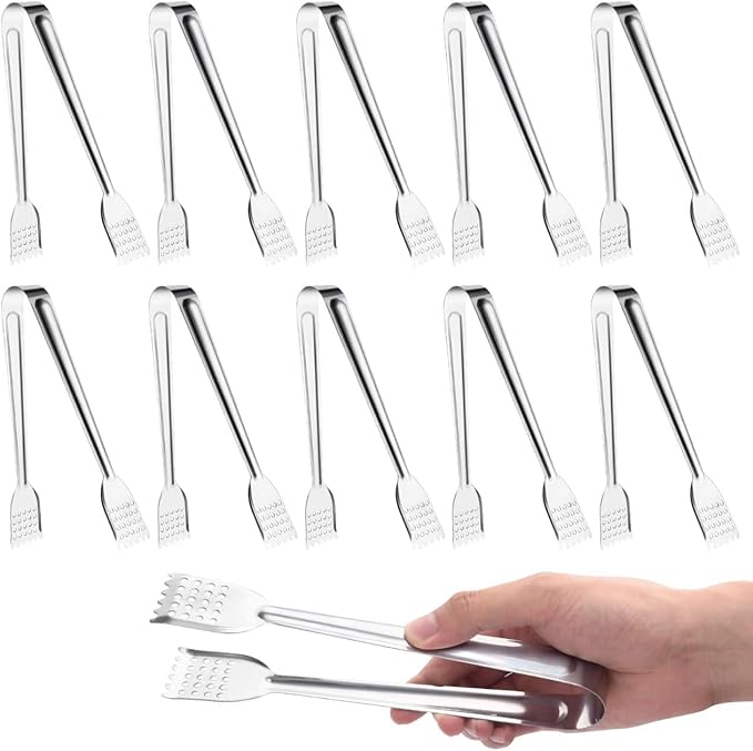 10 Pack Buffet Serving Tongs, 7-Inch Stainless Steel Mini Tongs with Serrated Tips, 0.2mm Thick, for Appetizers, Salad Bar, Desserts, Ice & Sugar, Dishwasher Safe (Silver)