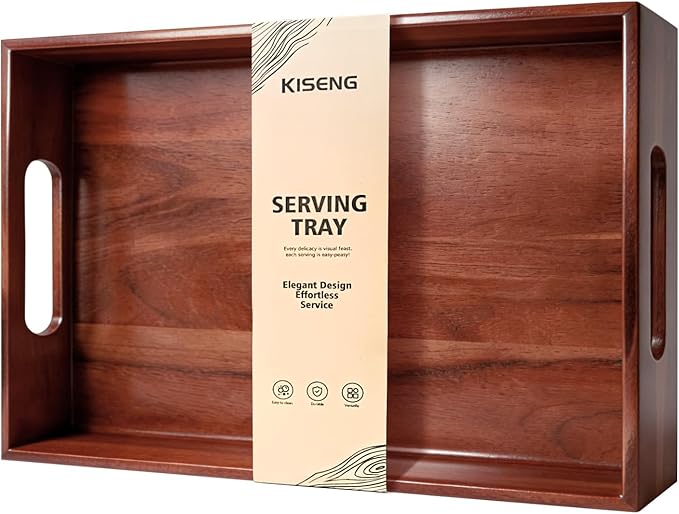 Acacia Wood Serving Tray with Handles, 17 x 12 Inch Large Wooden Tray for Food & Drinks, Coffee Table, Ottoman, Breakfast in Bed – Includes Free Leather Mat