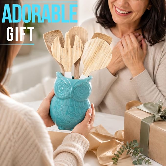Comfify Owl Utensil Holder Decorative Ceramic Cookware Crock & Organizer, in Lovely Aqua Blue Color - Utensil Shaped Caddy and Perfect Kitchen Ceramic Decor Gift for Countertop - 5” x 7” x 4” Size