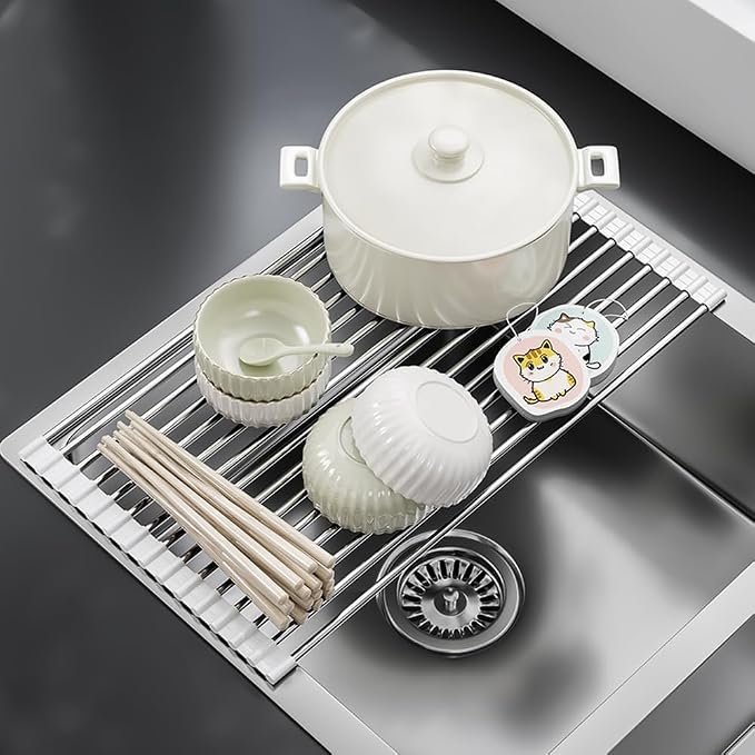 Roll Up Dish Drying Rack Over Sink Drying Rack Sink Cover Kitchen Sink Accessories Multipurpose Organizer Foldable Stainless Steel Drainer (15 Rods)