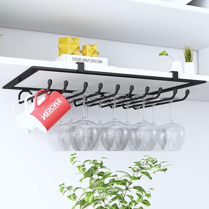 Stemware Holder Wine Champagne Glass Holder 5 Slots 15 Cups Stainless Steel Goblets Stemware Rack Holder Cabinet Hanging Storage Rack, Wine Glass Rack Under Cabinet (Color : Black)