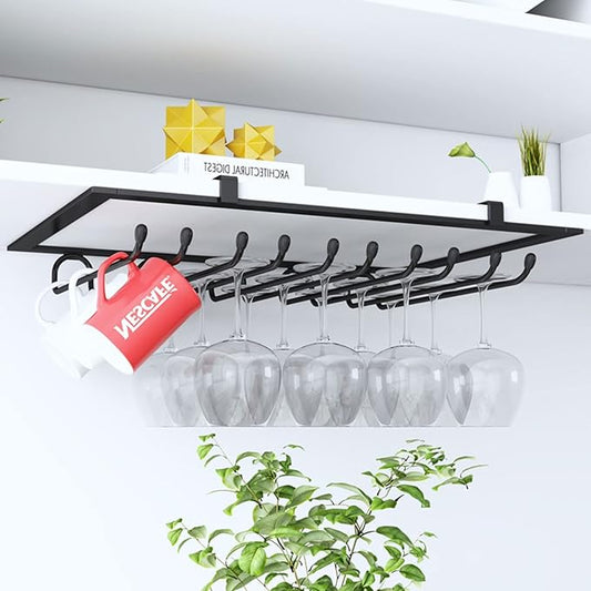 Stemware Holder Wine Champagne Glass Holder 5 Slots 15 Cups Stainless Steel Goblets Stemware Rack Holder Cabinet Hanging Storage Rack, Wine Glass Rack Under Cabinet (Color : Black)