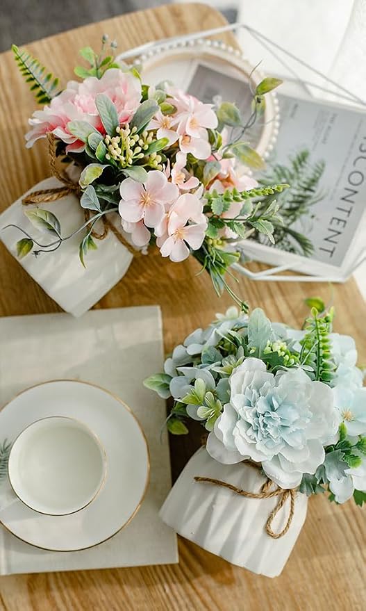 TKAS Fake Flowers Arrangement in Ceramic Vase, Artificial Faux Silk Roses & Hydrangea, Small Realistic Dried-Style Floral Dining Table Centerpiece for Wedding Party Home Decoration (Pink)