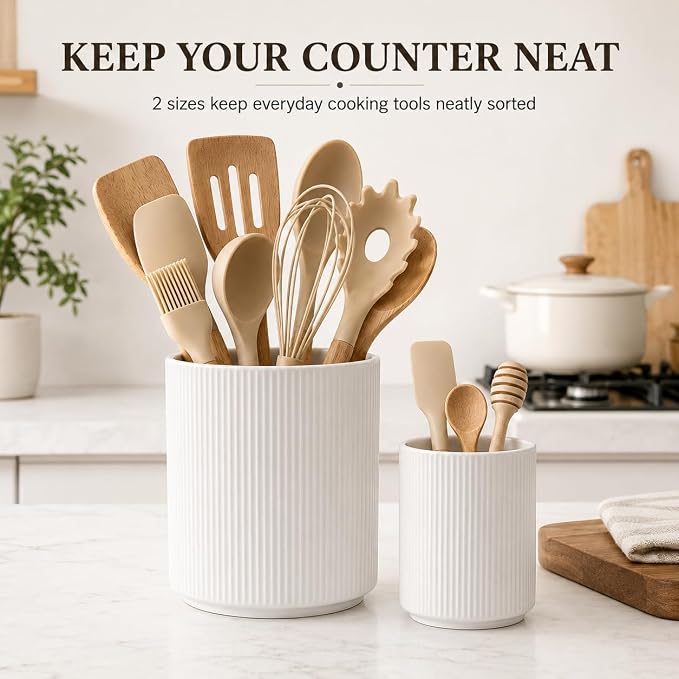 Utensil Holder,Ceramic Kitchen Utensils Holder for Countertop-Set of 2 | Utensil Crock for Kitchen Counter for Forks,Spatulas, Spoons,Ideal Housewarming Gifts & Mothers Day Gift-White