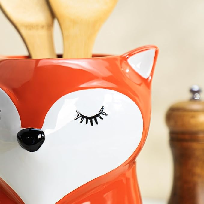 Ceramic Fox Cartoon Animal Pattern Kitchen Utensil Holder, Large Cooking Utensil Crocks for Kitchen Countertop, Cartoon Style Utensil Organizer