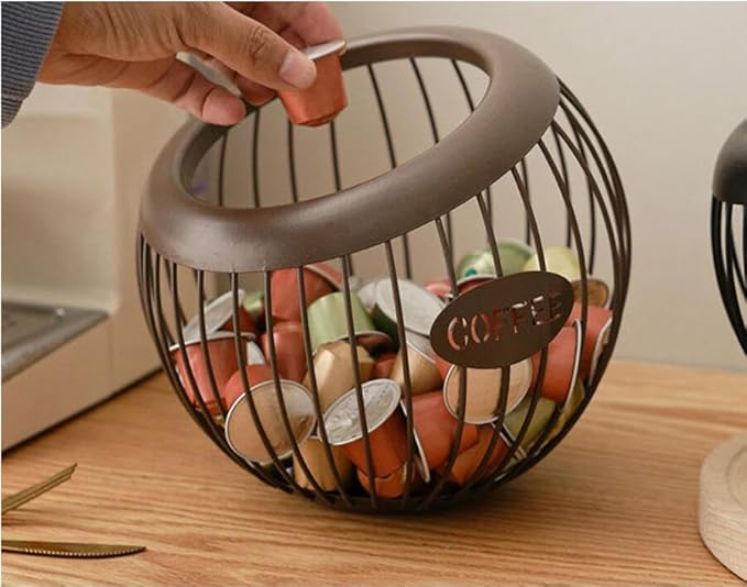 1PCS Coffee Pod Holder Iron Large Capacity K Cup Holder Espresso Coffee Capsule Storage Basket for Counter Coffee Bar Espresso Coffee Pod Organizer for Counter Fruit Bread Snacks Storage White