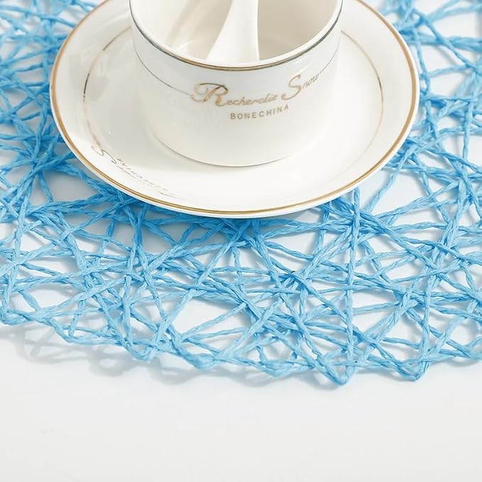 IcosaMro Sky Blue Round Placemats Set of 6 for Dining Table, 15 Inch Paper Woven Boho Decorative Circle Place Mat for Wedding Christmas Thanksgiving Day Holiday Dinner, 15 Inch, Sky Blue