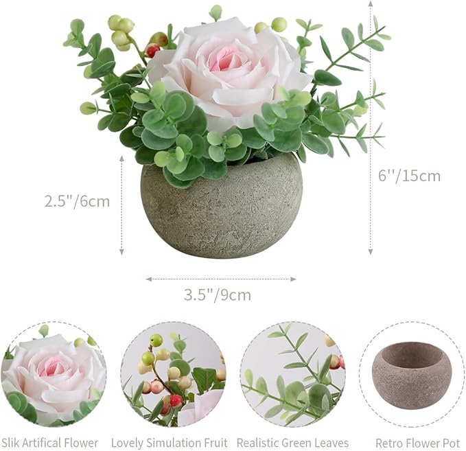 Small Artificial Light Pink Rose Potted Plant, 6" Fake Silk Flowers in 3.5" Round Pot, Mini Faux Floral Arrangement for Desk Shelf Bathroom Decor