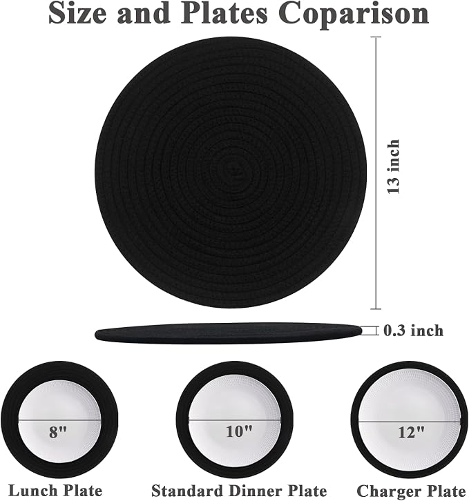 Round Placemats Set of 6, Cotton Rope Woven Table Mats, Hot Pads for Kitchen, Non Slip Heat Resistant Place Mats, 13 Inches Braided Placemat for Farmhouse Decor and Kitchen Table Decor (Black)