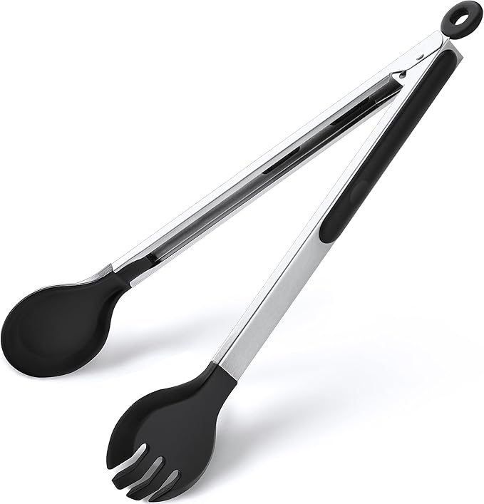 12 Inch Kitchen Tongs for Cooking, 600ºF Heat Resistant 2-in-1 Cooking Tongs with Silicone Tip & Measure Spoon Pasta Tongs Spaghetti Tongs for Tossing Salad, Serving Food, Non-Stick (12"-Round Head)