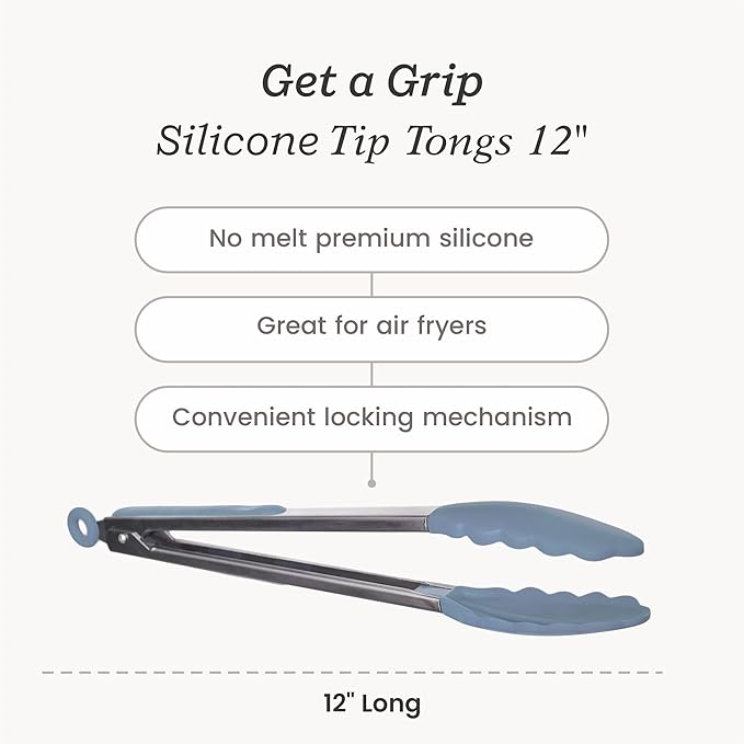 Starpack Get a Grip Silicone Kitchen Tongs (12 Inch) - LFGB Non Toxic, 600°F Heat Resistant, BPA-Free - Heavy-Duty Stainless Steel, Locking - Dishwasher Safe for Nonstick Cookware Light Blue