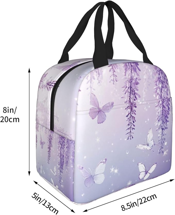 Lunch Bag Lavender Butterfly Light Purple Flower Insulated Lunch Box Reusable Cooler Tote for Adults Student Girl Boy Work Office School Picnic Over 3 Years Old