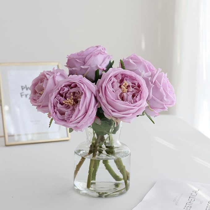 Fake Austin Rose Peonies Flowers with Vase, Clear Glass Vase with Purple Real Touch Peonies Artificial Flowers,Faux Flower Arrangements for Dining Table Centerpiece Decor