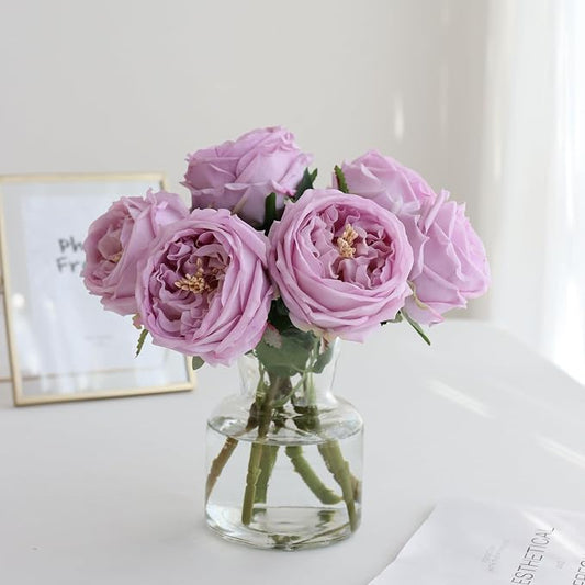 Fake Austin Rose Peonies Flowers with Vase, Clear Glass Vase with Purple Real Touch Peonies Artificial Flowers,Faux Flower Arrangements for Dining Table Centerpiece Decor