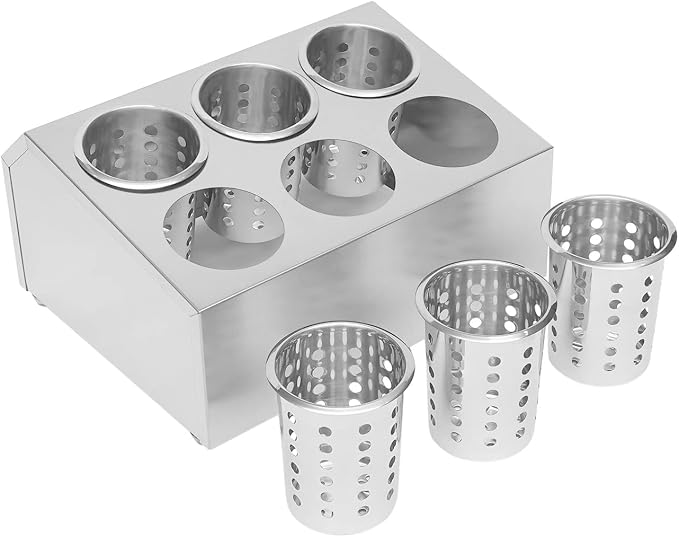 6-Compartment Restaurant Utensil Holder, Stainless Steel Cutlery Organizer, Countertop Silverware Holder for Kitchen, Bars, Coffee Shops, Restaurants, Hotels