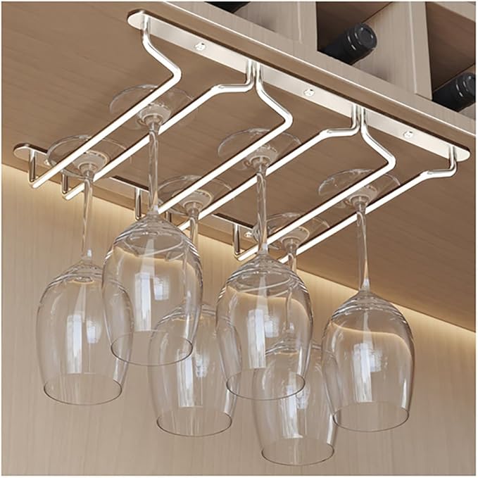 CAKERS Under Cabinet Hanging Stemware Display Rack|304 Stainless Steel Wine Glass Holder|Wine Glass Storage Organizer Hanger,3 Rows,22cm(8.6in)