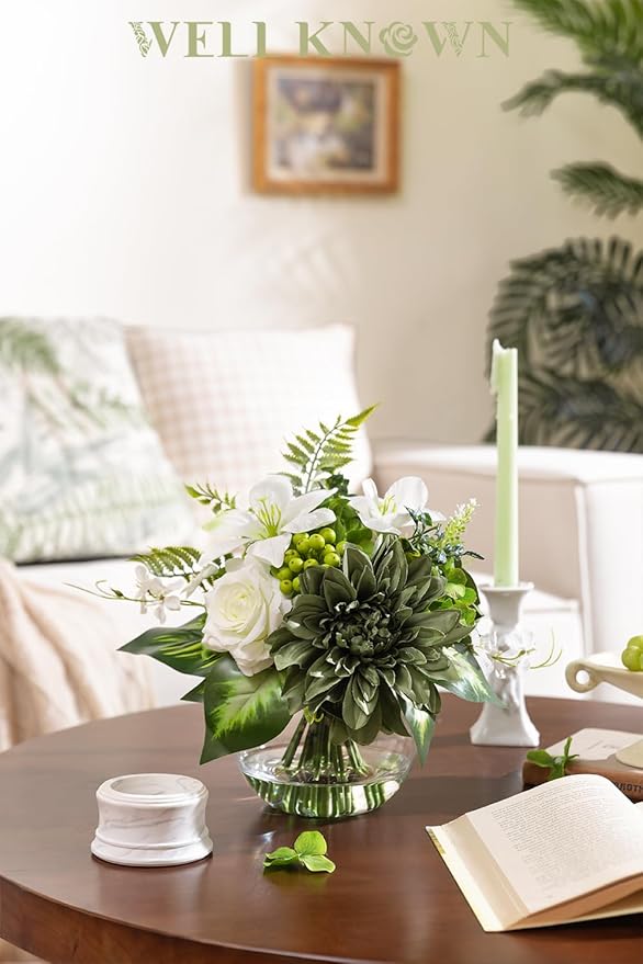 Artificial Flowers in Vase with Fake Water, Silk Rose Dahlia Lily Flowers Bouquet with Glass Vase for Home Birthday Party Wedding Dinning Table Office Hotel Decor Gift (Green & White Mixed)