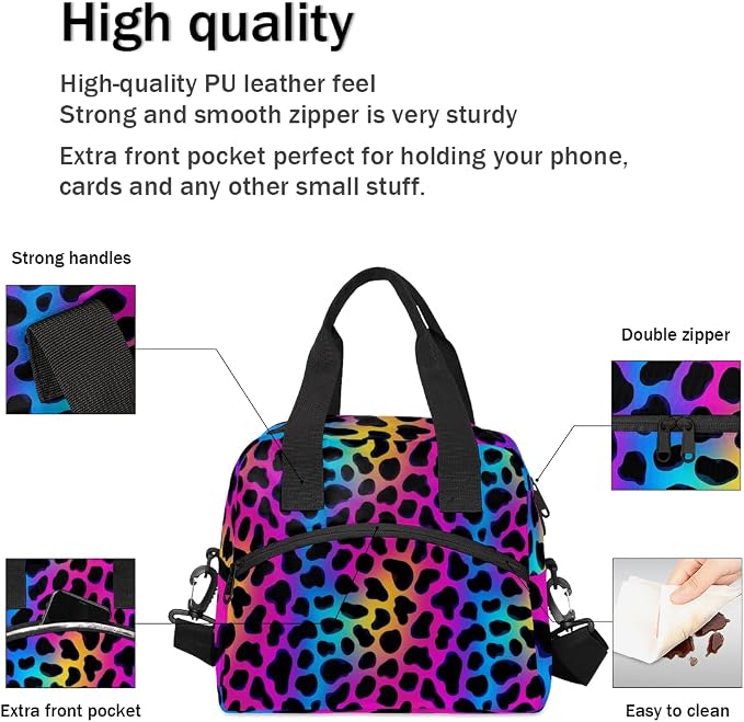Colorful Leopard Prints Insulated Lunch Bag for Women Men Reusable Lunch Box Cooler Bag Large Leakproof Lunch Tote with Adjustable Shoulder Strap for Adult Work Picnic Camping Beach Office