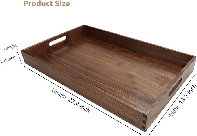 22 x 14 Inches Large Rectangle Black Walnut Wood Ottoman Tray with Handles, Serve Tea, Coffee, Classic Wooden Decorative Serving Tray