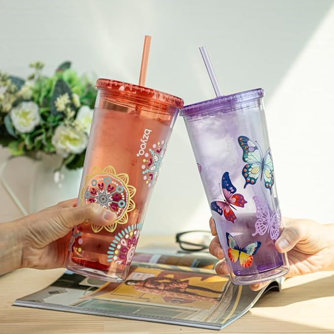 bzyoo SIP 24oz (710ml) Double Wall Plastic Tumbler with Lid and Straw Cold Drink Travel Mug Reusable Party Cup Perfect for Ice Coffee, Tea Office Poolside Parties Gifts Color: Butterfly Purple