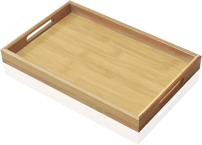 Bamboo Serving Tray with Handles, 13x8.7 Inch Rectangular Breakfast Tray for Eating on Couch or Bed, Modern Decorative Coffee Table Trays for Serving Food, Drink and Fruit
