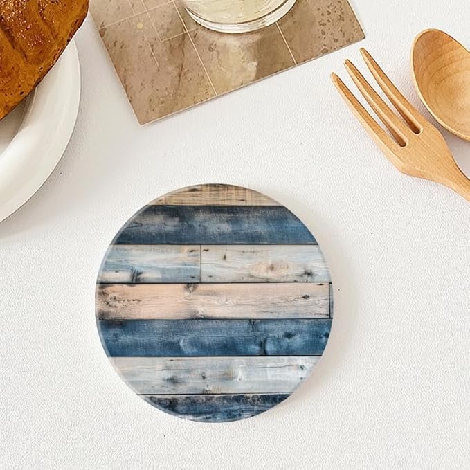 Ceramic Stone Coasters for Drinks Set of 1, Blue and Brown Wooden Wall Pattern Round Absorbent Cup Coasters Protection for Coffee Table Kitchen Counter Decor (4 * 4 Inch)