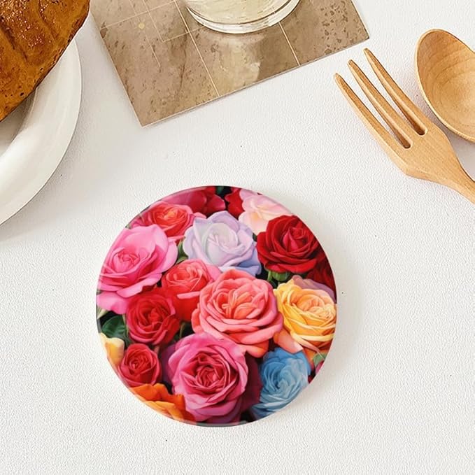 1 Pcs Coffee Cup Coasters for Drinks, Colorful Roses Painting Round Absorbent Non-Slip Ceramic Stone Cork Coasters for Kitchen Living Room Office Decoration Bar (4 * 4 Inch)