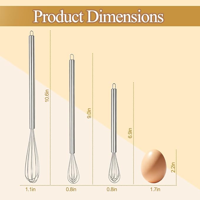 Whisks for Cooking, 3 Pack Mini Whisk for Whisking, 7"+9"+11" Tiny Stainless Steel Wire Whisk Set for Baking, Blending Eggs & Sauces, Heavy Duty Rust Proof