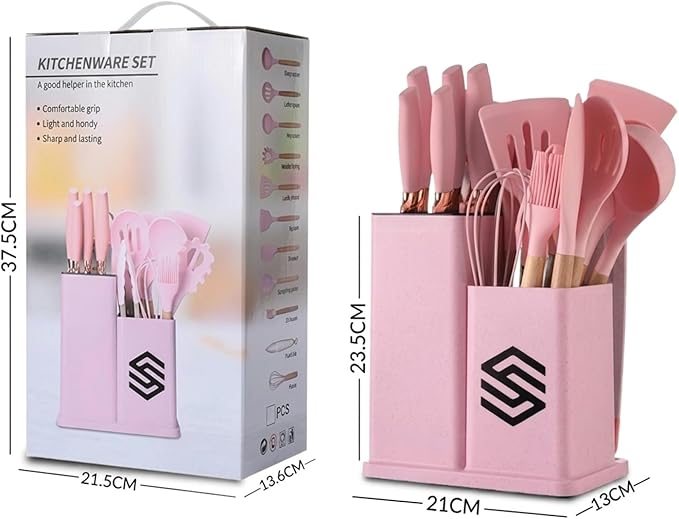 19 PCS Pink Silicone Cooking Utensils Set with Wooden Handle & Knife Set Block, Heat-Resistant Spatula, Spoon, Ladle, Whisk with Holder – BPA Free, Silicone Kitchen Utensil Set for Cooking & Baking