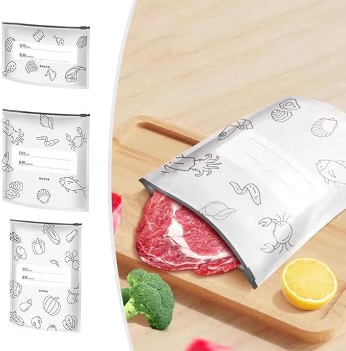 Reusable Aluminum Foil Sealable Storage Bags, 2025 New Resealable Vacuum Zipper Pouches for Food, Stand Up Foil Sealable Bags with Label and Zip Lock for Vegetable Fruit Meat (10PCS, Medium)