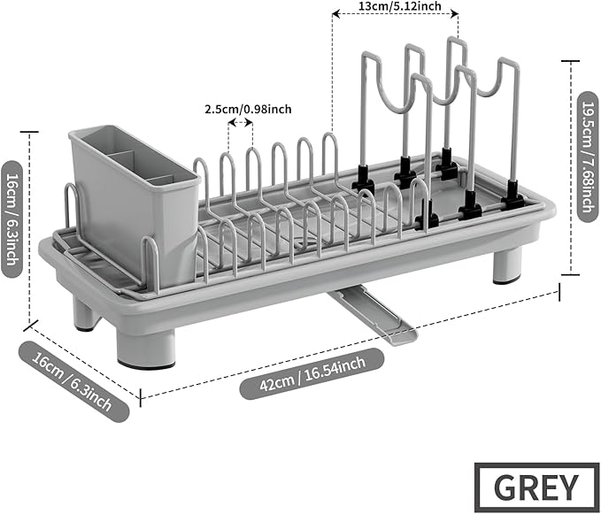 Compact Dish Drying Rack with Utensil Holder – Small Countertop Dish Drainer with 360° Rotating Drain Spout, Stainless Steel Dish Rack for Kitchen Sink, Space-Saving Design for Small Kitchen , Grey