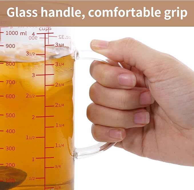 Newness Glass Measuring Cup with Handle, 1000 ML (1 Liter, 4 Cup) Double-Sided Scale Measuring Cup with Three Scales (OZ, Cup, ML/CC) and V-Shaped Spout, Measuring Beaker for Kitchen or Restaurant