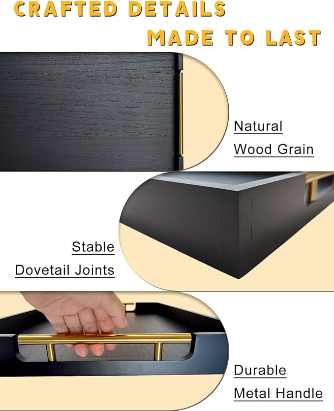 22" x 15.75" Black Wooden Ottoman Serving Tray with Golden Metal Handles | Large Rectangular Wood Tray for Living Room, Kitchen, Coffee Table, Coffee Station, Party
