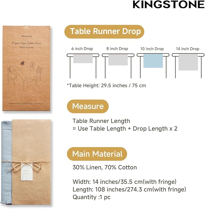 KINGSTONE 14 x 108 Inches Frayed Edge Table Runner, 270G Heavyweight Sand Washed Slub Texture Cotton Linen for Modern Farmhouse, Rustic Home Decorations Dining Room Wedding Boho Decor, Light Blue