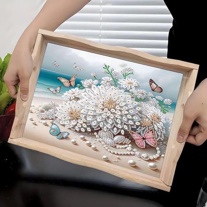 DIY Diamond Serving Tray Diamond Art Painting Creative Design Handmade Wooden Tray Dinner Plate for Coffee Breakfast Home Organizer-Beach Flowers