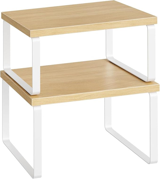 HOOBRO Cabinet Organizer Shelf, Set of 2, Kitchen Countertop Organizer, Kitchen Countertop Shelf, Spice Rack for Counter, Stackable, Expandable for Cabinet, Kitchen, Natural and White WN33TL01