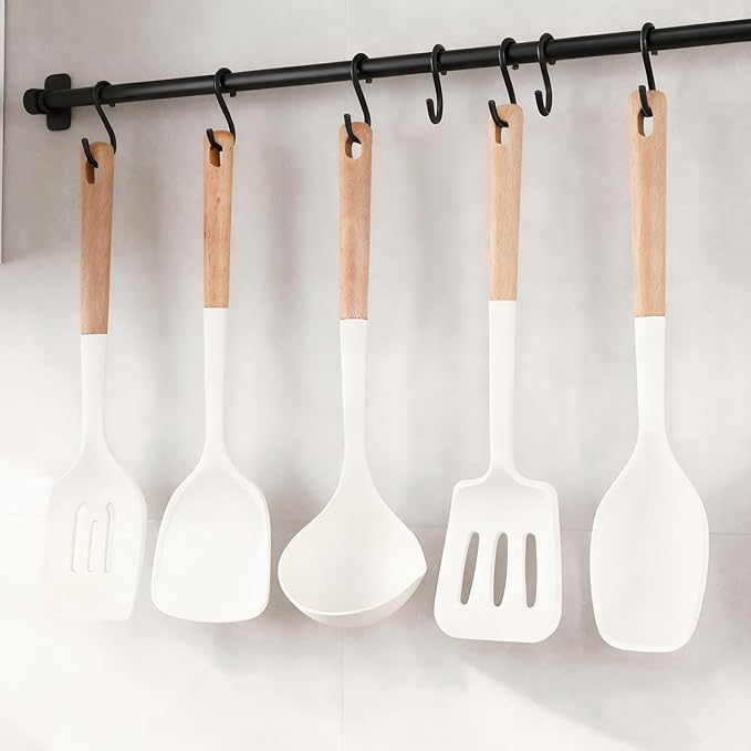 Silicone Cooking Utensils Set 5 Pcs Large Non-Stick Kitchen Utensils Set, Wooden Handle Heat Resistance Turner Soup Ladle Spoon Silicone Cooking Kitchen Gadgets BPA Free for Nonstick Cookware