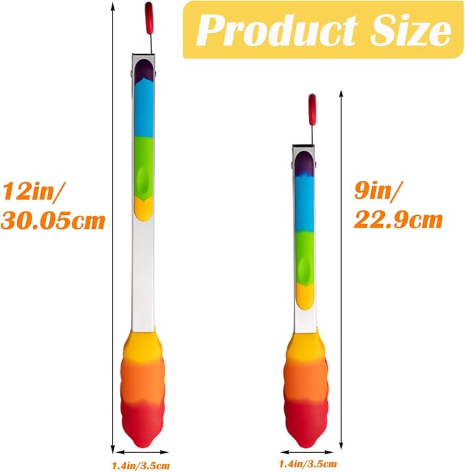 Rainbow Tongs for Cooking, Heat Resistant Stainless Steel Kitchen Tongs with Silicone Tips, 9 & 12 Inch Silicone Tongs, Set of 2