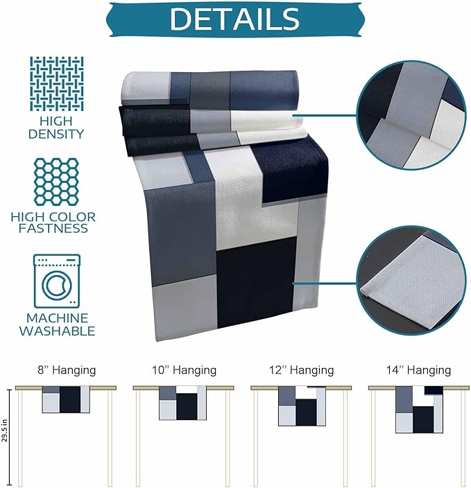 Modern Black White Table Runner 90 Inch Long Dresser Scarves Abstract Grey Blue Cotton Linen Tablerunners Patchwork Geometric Dining Kitchen Burlap Table Setting Decor for Party Holiday Home, 13"x90"