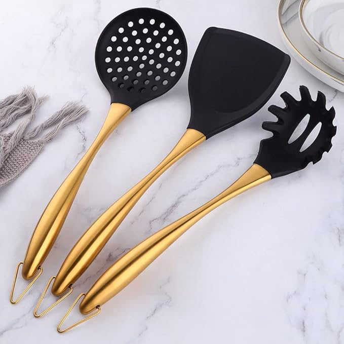 Silicone Cooking Utensil Set, 6 pcs Silicone Cooking Kitchen Utensils Set, Non-stick Kitchen Cookware Titanium Stainless Steel Handle with Utensil Holder, Spatula Set for Cooking -Orange Red