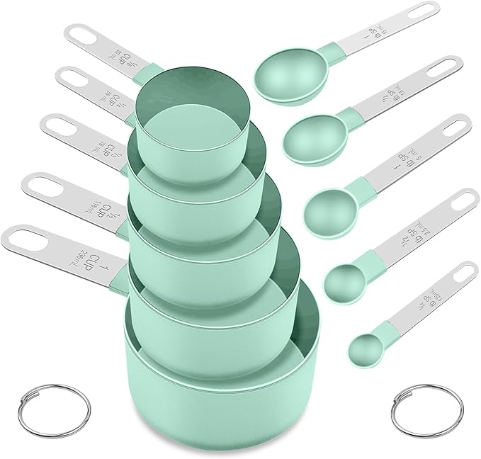 Measuring Cups and Spoons Set, 10 Pieces Nesting Measure Cups and Spoons, Kitchen Essentials Gadgets with Stainless Steel Handle for Dry & Liquid Ingredient (Lake Green 10 Pcs)
