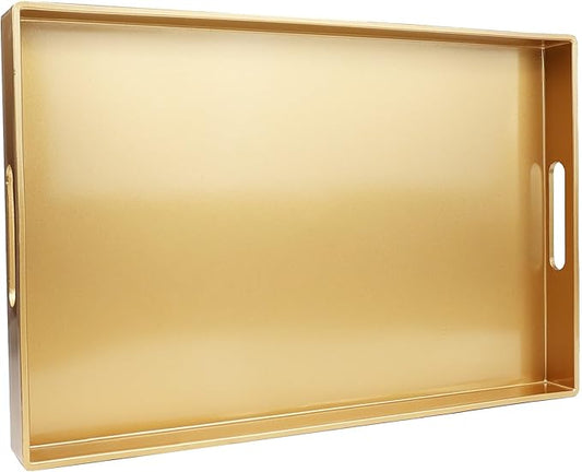 Spsyrine Gold Decorative Serving Tray with Handles, Elegant Plastic Coffee Table Tray for Ottoman, Living Room, Home Decor 15.6" X 10.2"