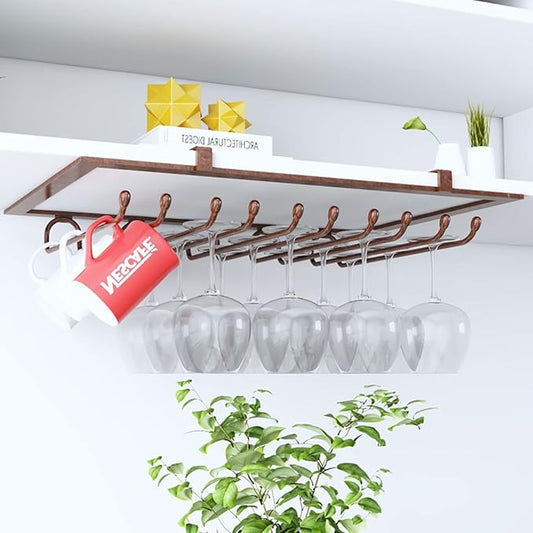 Stemware Holder Wine Champagne Glass Holder 5 Slots 15 Cups Stainless Steel Goblets Stemware Rack Holder Cabinet Hanging Storage Rack, Wine Glass Rack Under Cabinet (Color : Brown)