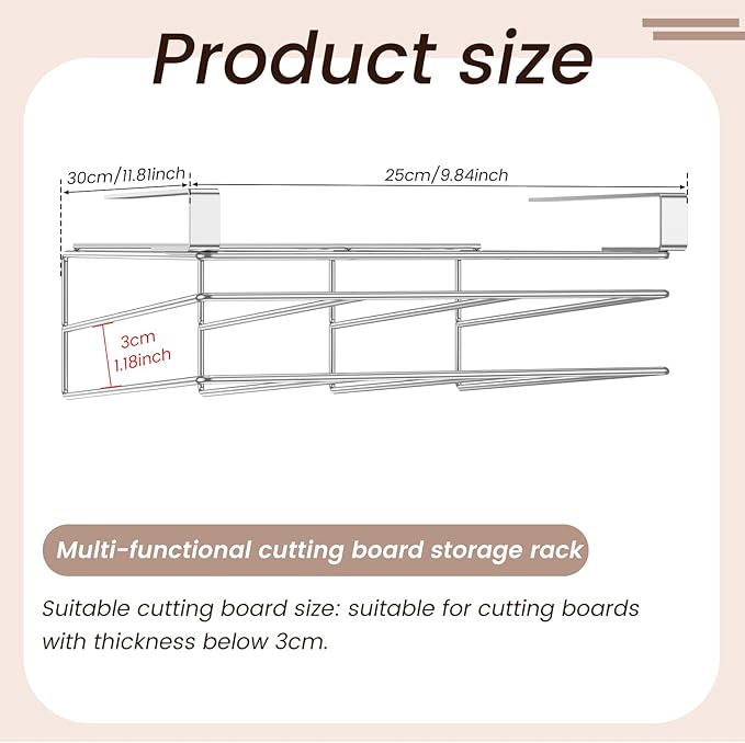 Stainless Steel Under Cabinet Cutting Board Holder, Hanging Shelf for Chopping Board, Books, Files, Silver, 25 cm (H) x 3 cm (D) x 3 cm (W)