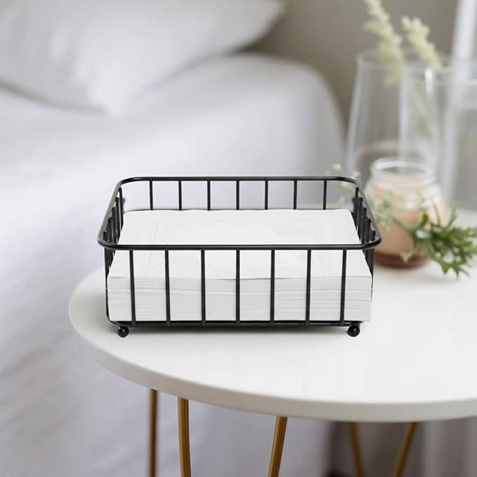 Flat Napkin Holder for Table Countertop, Modern Decorative Metal Square Paper Napkin Organizer Dispenser with Weighted Arm for Kitchen Dining Table Cocktail Restaurant - Black, (7x7x2.5)