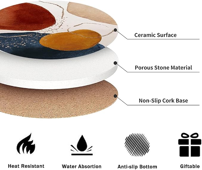 Drink Coasters for Drinks Set of 6, Terracotta Navy Orange and Gold Abstract Modern Art Absorbent Round Ceramic Stone Mat Coaster, with Cork Base and Metal Holder, Home Bar Decor House Warming Gift