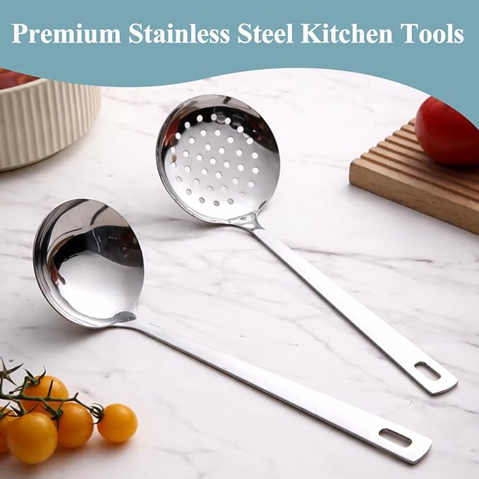 Berglander Slotted Spoons and Kitchen Ladle Spoon Set 2 Pcs, Stainless Steel Kitchen Spider Strainer Skimmer Soup Ladle for Straining Pasta/Cooking/Frying, Serving Soup/Gravy, Metal Kitchen Utensils