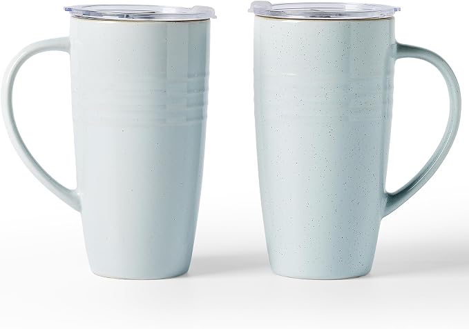 famiware Jupiter Large Coffee Mug, 20oz Coffee Mug with Lid, Ceramic Mugs Set of 2, Cup Set with Handle for Latte, Tea, Cocoa, Milk, Home & Office, Microwave and Dishwasher Safe, Light Blue
