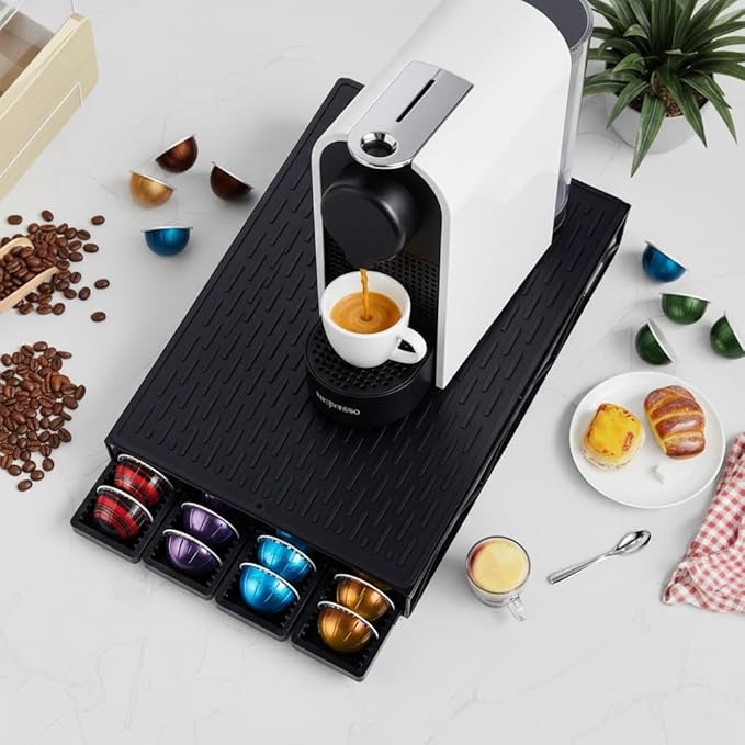 Coffee Pod Drawer Holder With 15''*11'' Coffee Mat Compatible with Nespresso Vertuo Capsules,Coffee Bar Station Accessories