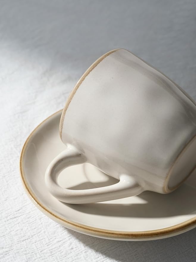 famiware Ocean Espresso Cups with Saucers Set of 4, 3.34oz Espresso Cup Set, Coffee Mug Set for Latte, Macchiato, Stoneware Demitasse Cups Set for Cafe, Microwave&Dishwasher Safe, Cappuccino White